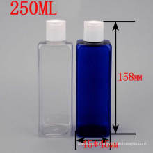 250ml Transparent Blue Square Plastic Cosmetic Packaging Disc Top Press Cap Bottle